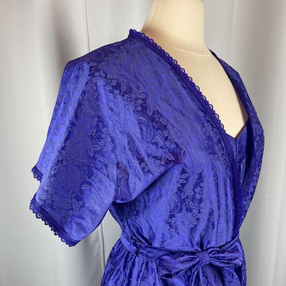 Vintage Lingerie Set Size Medium Purple Satin Robe Slip Nightgown Peignoir 80s - Picture 7 of 16